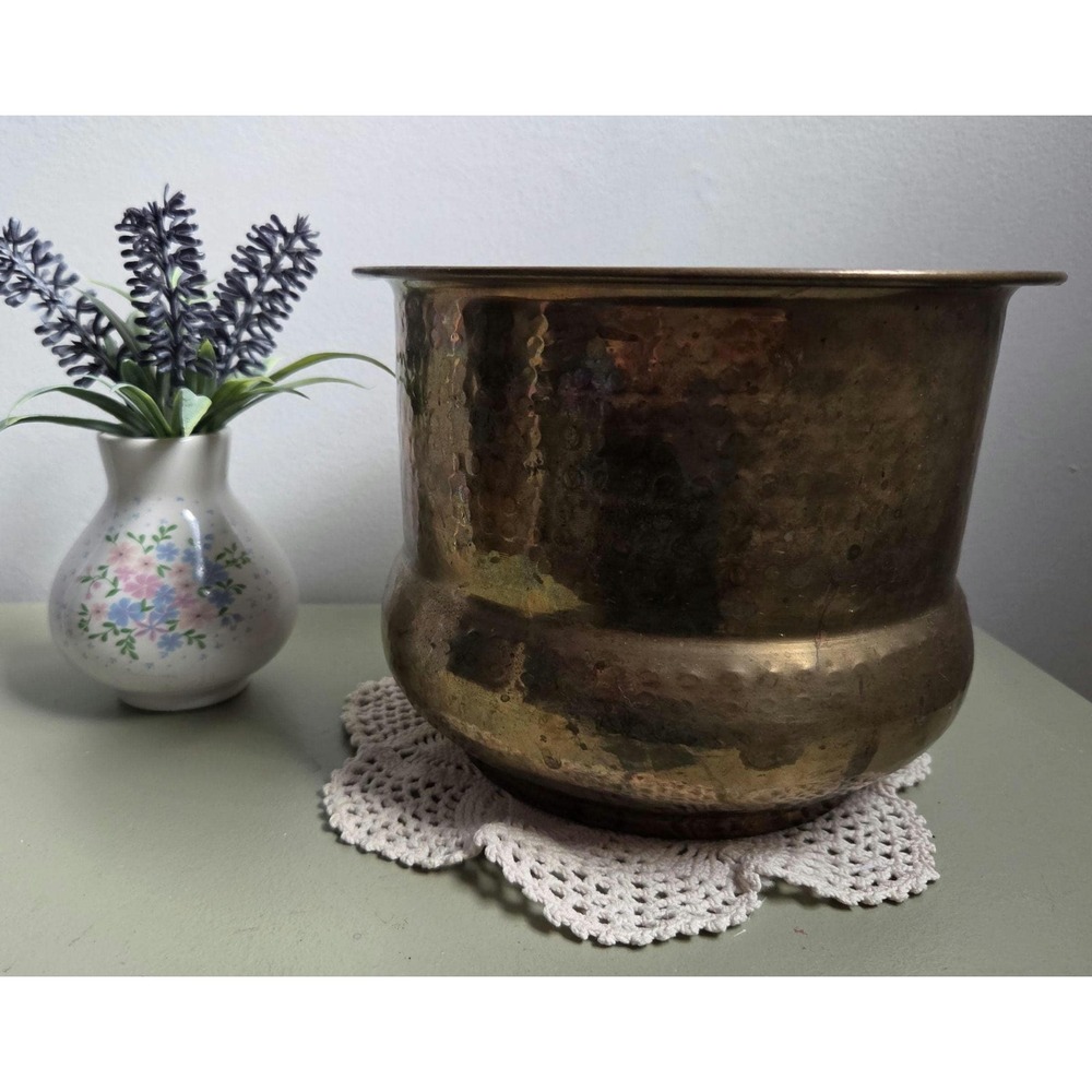 Vintage Hammered Metal Planter Pot Gold Tone Patina Boho Farmhouse Decor